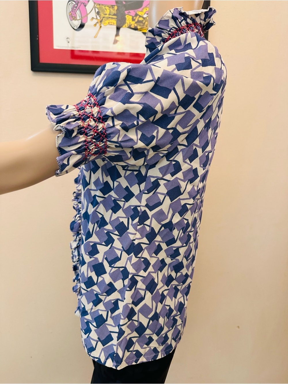 Blue Geometric Ruffle Collar Blouse - Picture 6 of 14